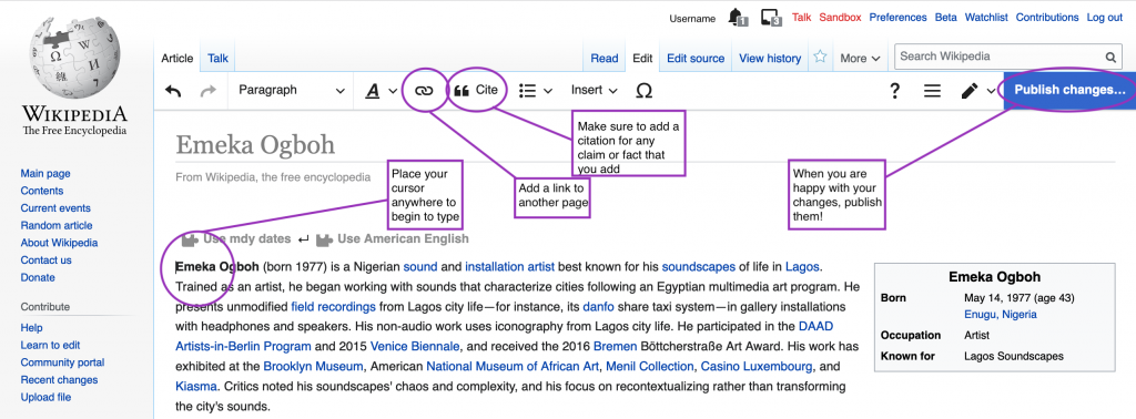 A screenshot of the Wikipedia visual editor, with important features circled and described as follows:

Cursor: Place your cursor anywhere to begin to type

Chain link: Add a link to another page

Cite: Make sure to add a citation for any claim or fact that you add

Publish changes: When you are happy with your changes, publish them!