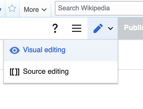 Screenshot showing a dropdown menu from the pencil icon on a Wikipedia editor page. The two options are 'Visual editing' and 'Source editing'